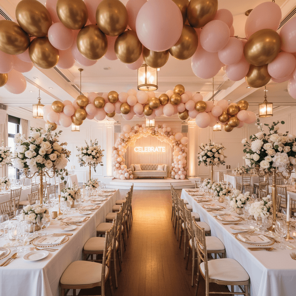 Full event venue decorated with balloon garlands and luxury table setups