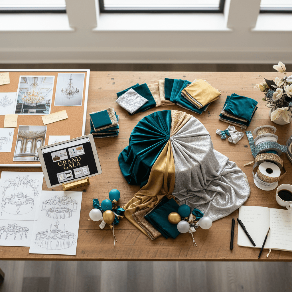 Luxury event coordination workspace with fabric swatches, balloon samples, and design materials