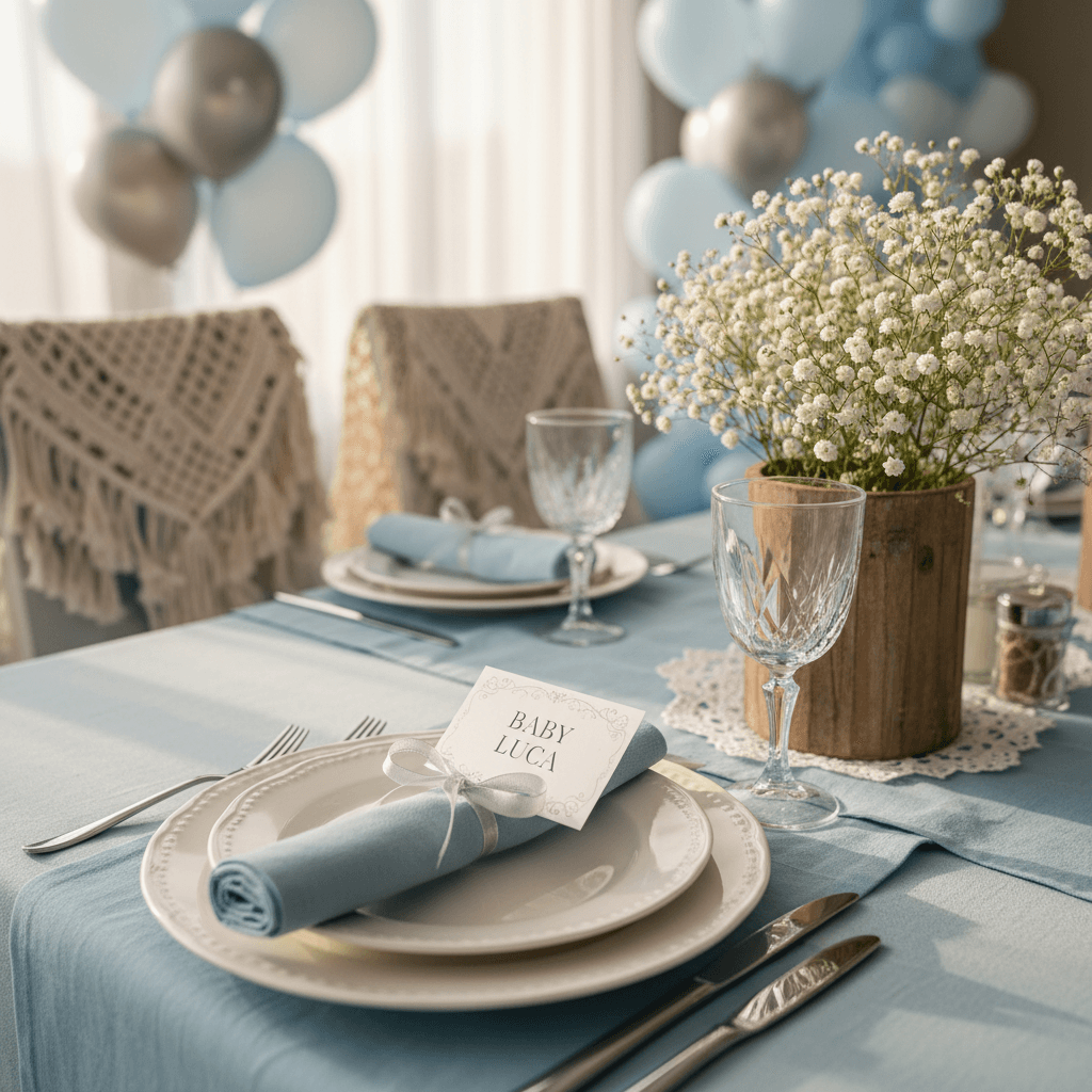 Delicate baby shower table with pastel blue and silver balloon decorations and floral centerpieces