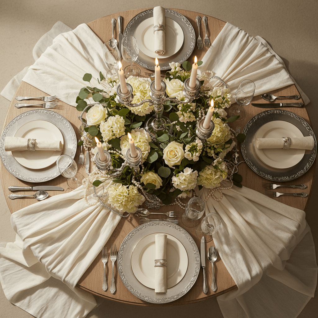 Luxury table setup with silver draping and elegant centerpieces