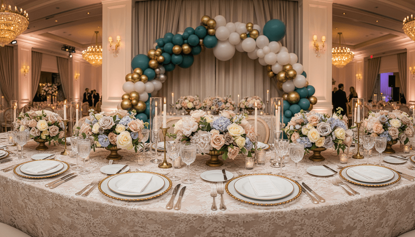 Elegant wedding reception table with teal and gold balloon arch backdrop