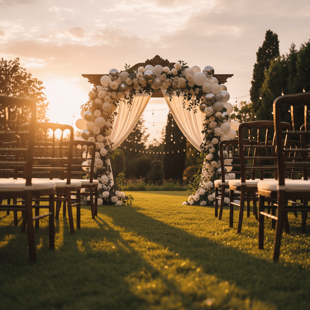 Outdoor garden wedding archway decorated with ivory and silver balloons and fresh flowers at sunset