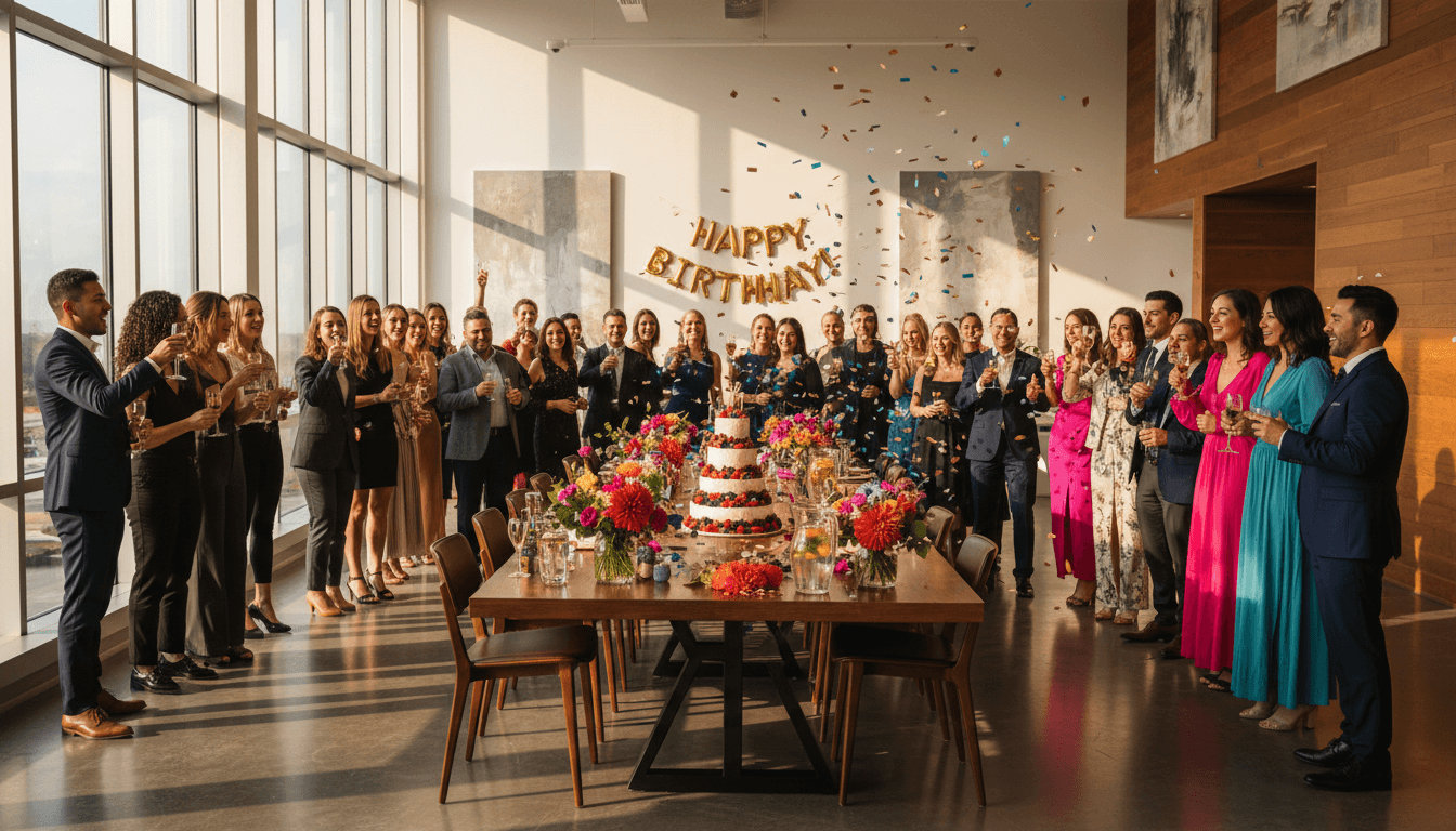 Luxury teal and gold birthday party setup with balloon garlands and elegant dessert table
