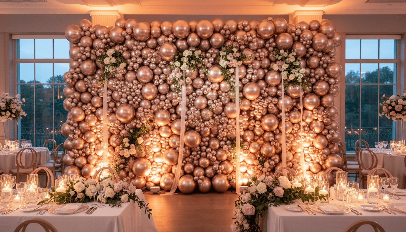 Professional installers creating a dramatic silver balloon arch for formal event