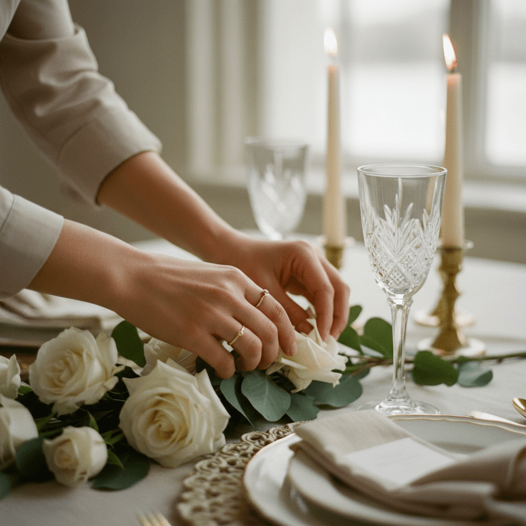 Event stylist's hands carefully arranging white roses and premium tableware in elegant candlelit setting