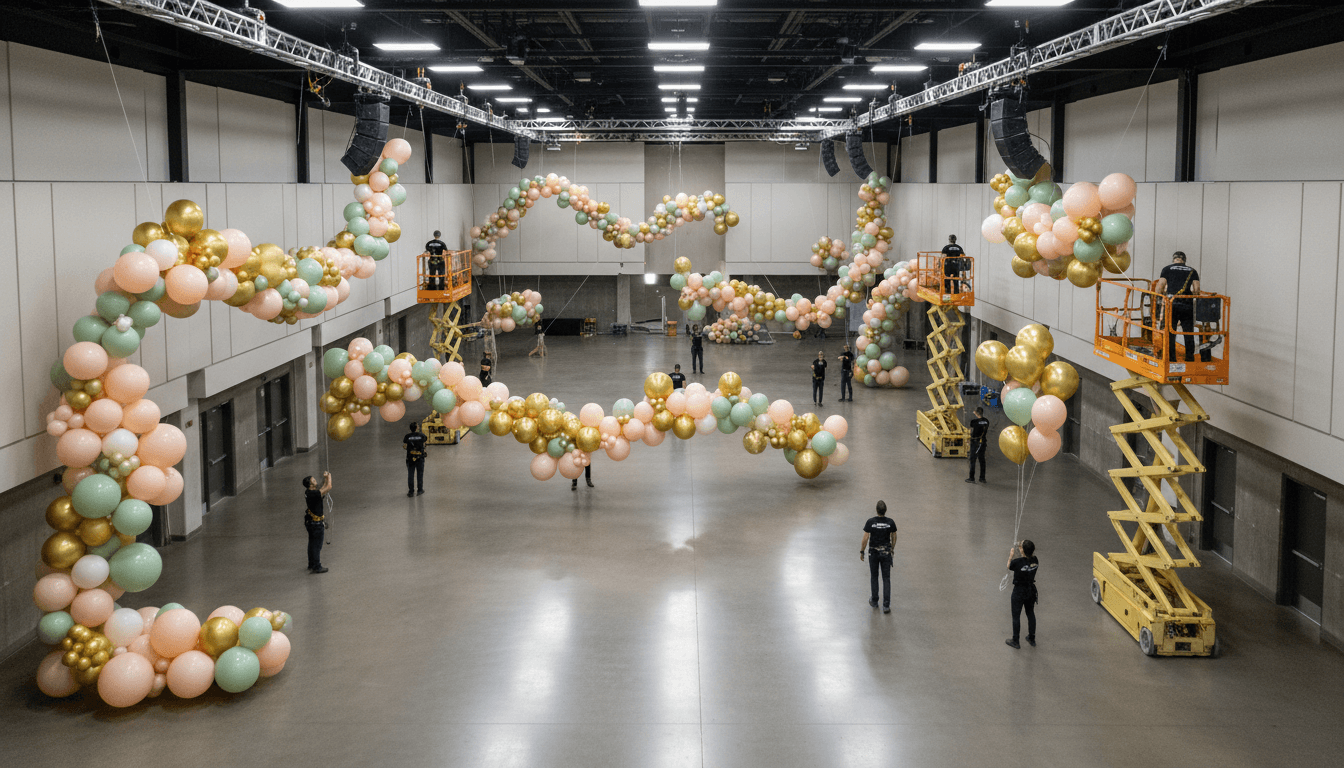 Overhead view of large-scale colorful balloon installation being set up across venue with multiple technicians working