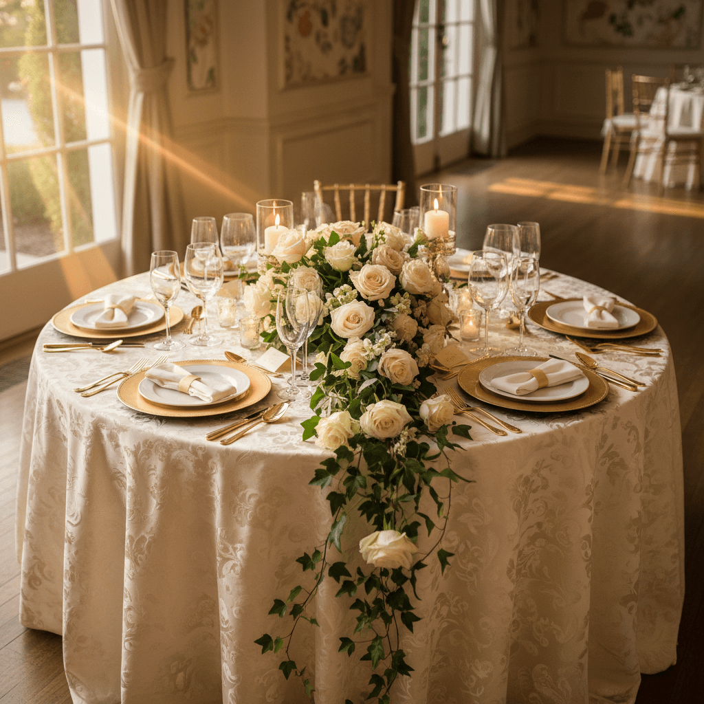 Elegantly decorated wedding reception table with floral centerpiece, gold-rimmed plates, candlelight, and ivory linens